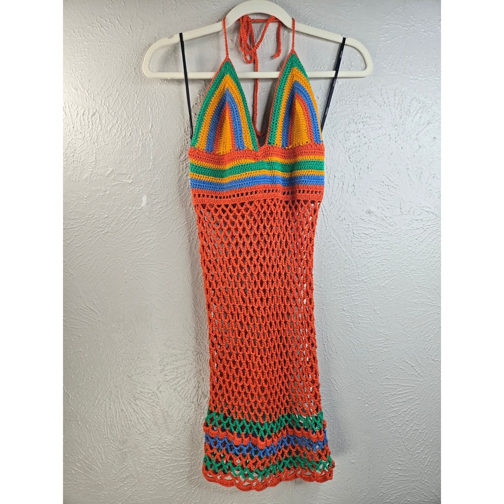 Crochet Halter Mini Dress M Orange Open Knit Y2k Boho Festival Beach Cover Up